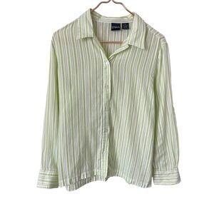 Erika Lime Green White Striped Button Down Shirt Womens Medium 100% Cotton